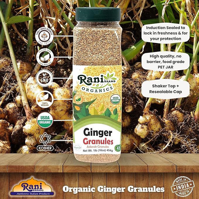 Rani Organic Granulated Ginger (Adarak Granules) 16oz (1lb) 454g PET Jar ~ All Natural | Gluten