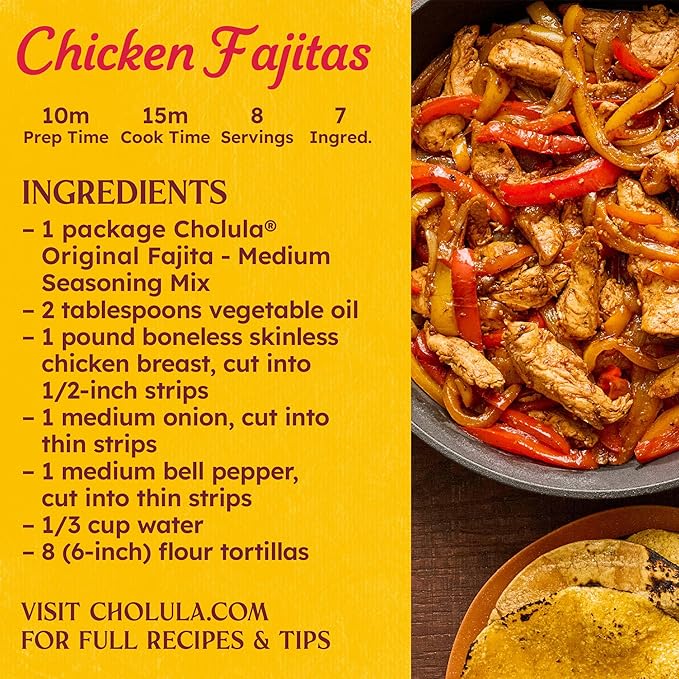 Cholula Seasoning Mix, Original Fajita, Medium Heat, For Chicken, Steak, Shrimp & Veggie Fajitas