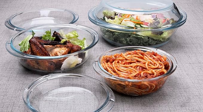 Set of 6 Round Glass Casserole Dishes, Nesting Glass Baking Dish Set with Lid, Oven, Freezer and