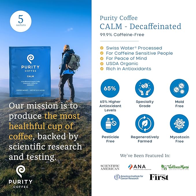 Purity Coffee CALM Decaf Medium Roast Organic Coffee - USDA Certified Organic Specialty Grade