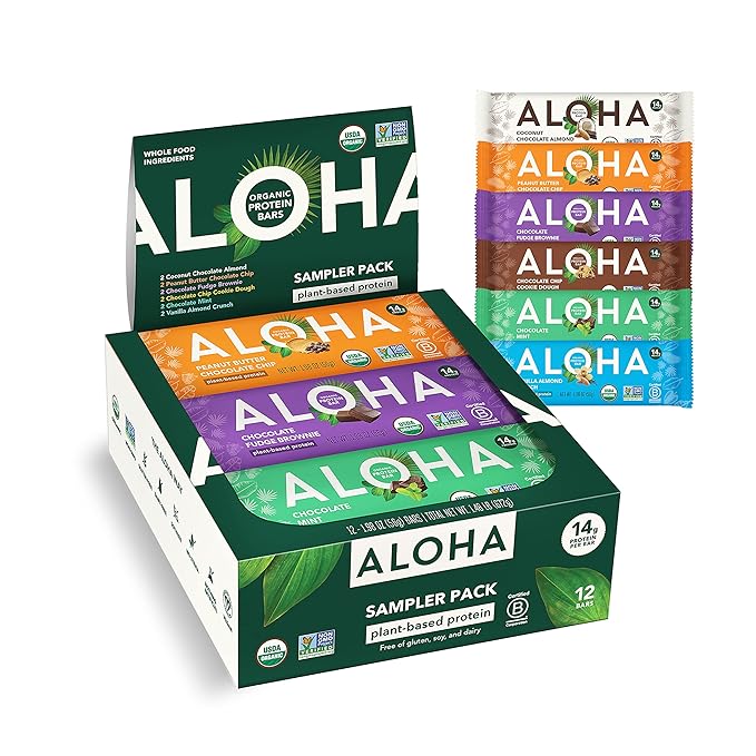 ALOHA Organic Plant Based Protein Bars - 6 Flavor Variety Pack - 12 Count, 1.9oz Bars - Vegan