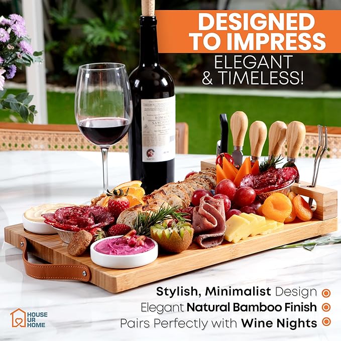Bamboo Charcuterie Boards Gift Set with Leather Handles, Knife Set, Wine Opener, Ceramic Bowls &