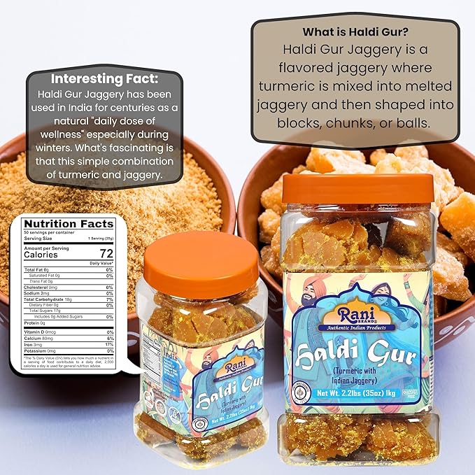 Rani Haldi Gur (Turmeric with Indian Jaggery) Indian Unrefined Raw Cane Sugar 35oz (2.2lbs) 1kg PET