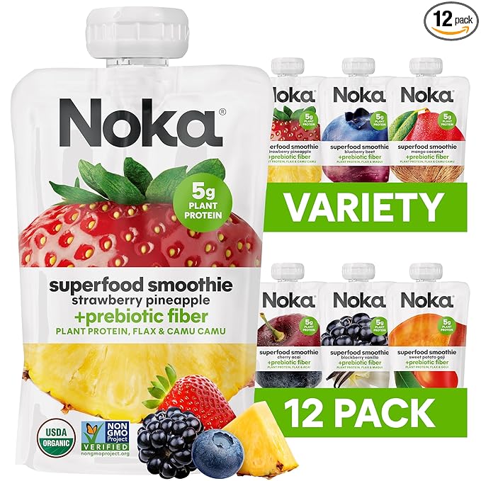 Noka Superfood Fruit Smoothie Pouches Variety Pack, Healthy Snacks with Flax Seed, Plant Protein