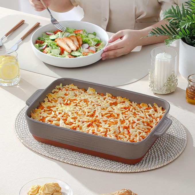 MALACASA 4.8 Qt Lasagne Dishes for Oven, 9 x 13 Inches Brown Ceramic Oven Dish with Handles, Deep
