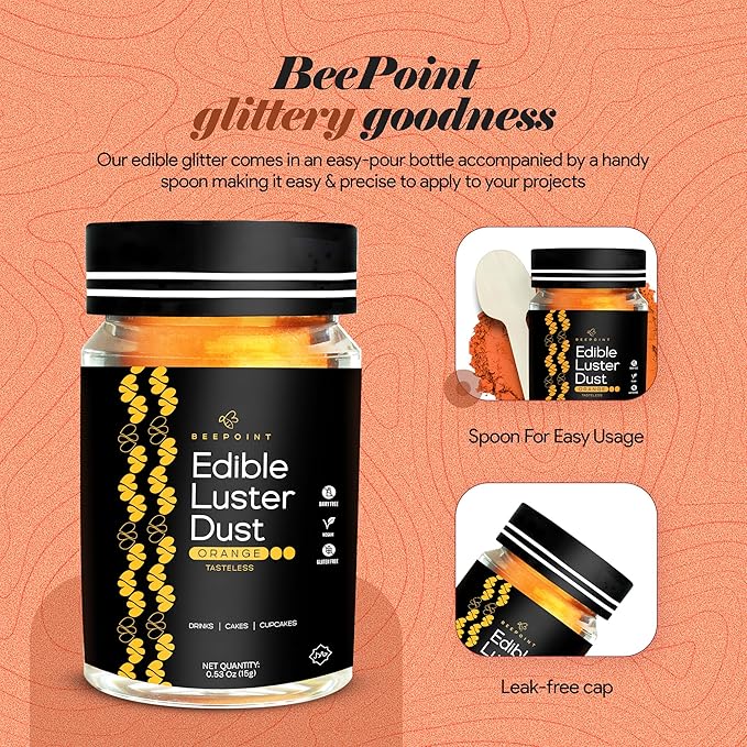 BeePoint Orange Edible Luster Dust 15g - Food Grade, Vibrant Color Shimmer Powdered Dust for