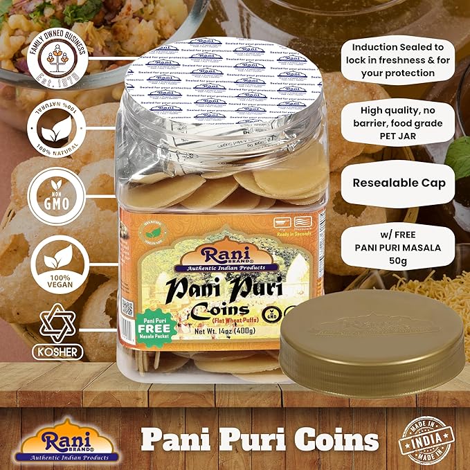Rani Pani Puri Coins (Uncooked, Microwaveable Wheat Semolina Coins) 14oz (400g) w/Pani Puri Masala