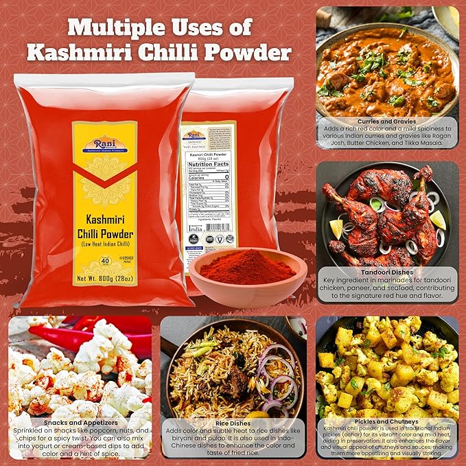 Rani Kashmiri Chilli Powder (Deggi Mirch, Low Heat) Ground Indian Spice 28oz (800g) ~ All Natural