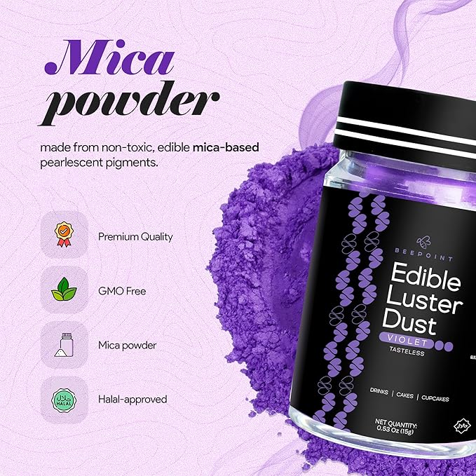 BeePoint Violet Edible Luster Dust 15g - Food Grade, Vibrant Color Shimmer Powdered Dust for