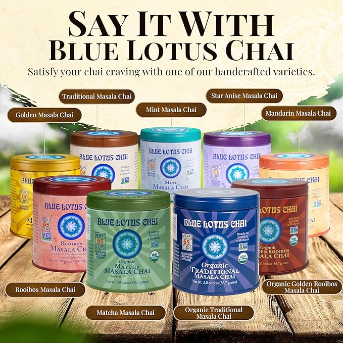 Blue Lotus Chai Tea - Fully Organic Traditional Masala Chai - Makes 65 Cups - 2 Ounce Masala Spiced