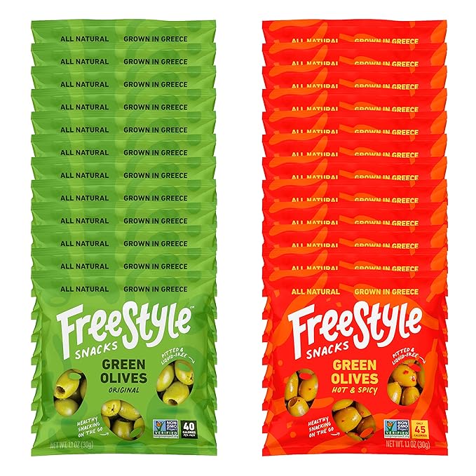 Freestyle Snacks Olive Snack Packs - Single Serve - Fresh Pitted Green Olives, Jumbo-Sized, Grown