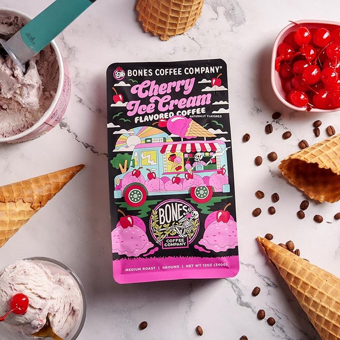 Bones Coffee Company Cherry Ice Cream Flavored Coffee, Medium Roast Low Acid Arabica Beans