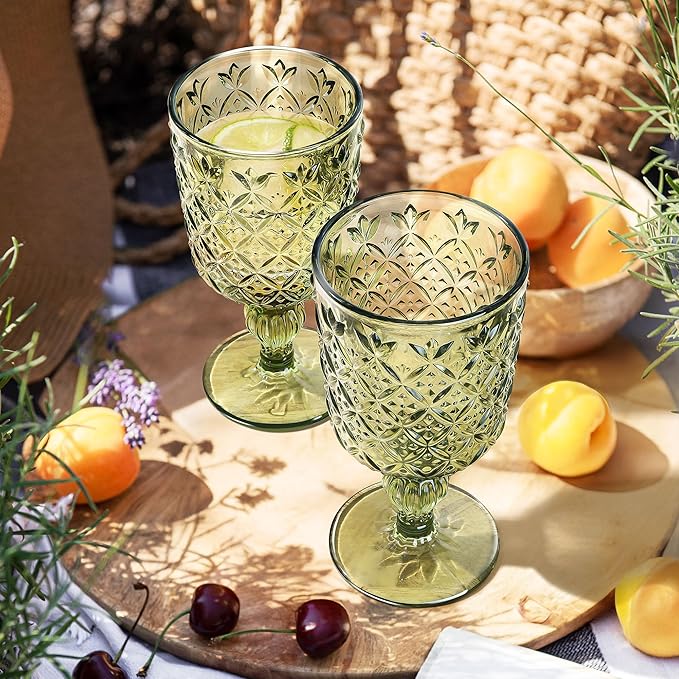 Joeyan Green Vintage Wine Glasses,Water Goblet Glasses,Stemmed Drinking Glasses with Embossed