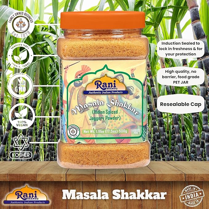 Rani Masala Shakkar (Indian Spiced Jaggery Powder) Unrefined Raw Cane Sugar 17.5oz (1.1lbs) 500g