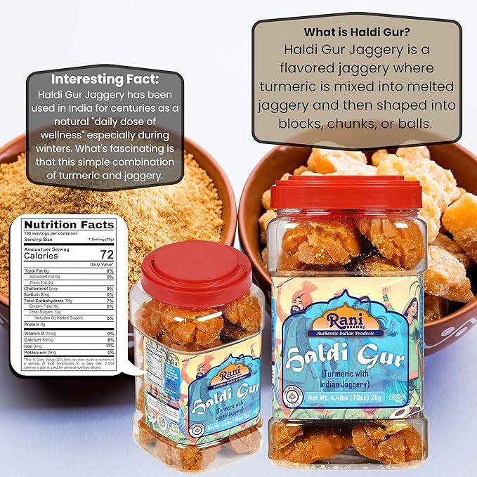 Rani Haldi Gur (Turmeric with Indian Jaggery) Indian Unrefined Raw Cane Sugar 70oz (4.4lbs) 2kg PET