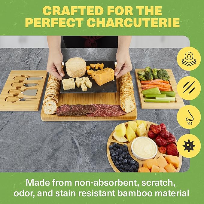 Charcuterie Board Gift Set, Expandable Bamboo Cheese Board with Stainless Steel Serving Utensils