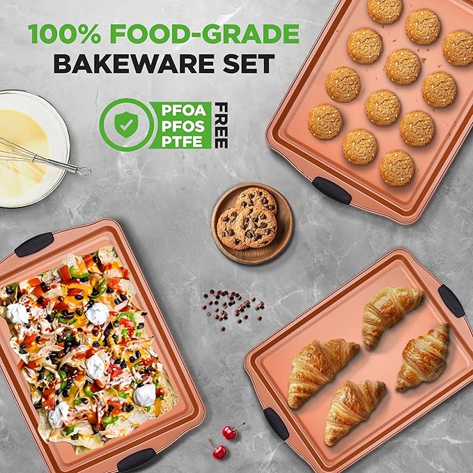 NutriChef 3 Piece Baking Pan Set - PFOA, PFOS, PTFE Free Flexible Nonstick Carbon Steel Bakeware