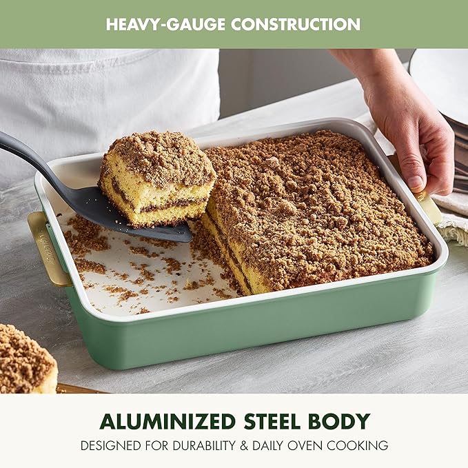 GreenPan Bakeware Rectangular Cake Pan, Ceramic Nonstick Baking Pan, PFAS & BPA Free, Gold Handles
