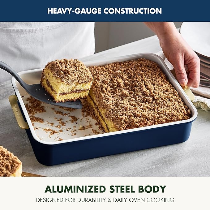GreenPan Bakeware Rectangular Cake Pan, Ceramic Nonstick Baking Pan, PFAS & BPA Free, Gold Handles