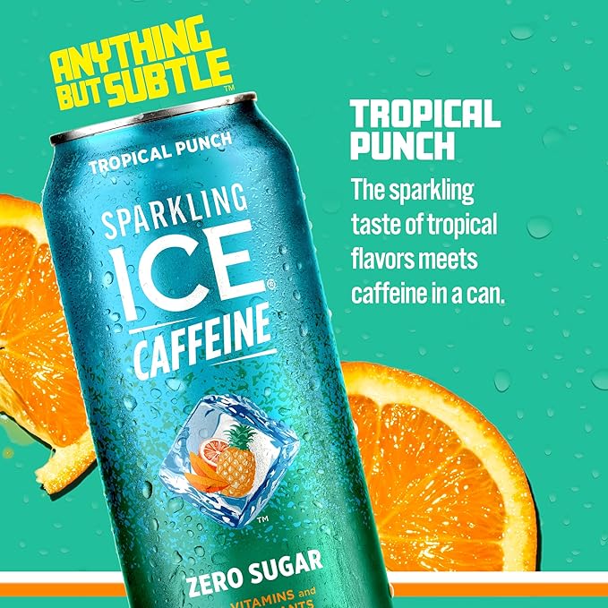 Sparkling Ice Caffeine Tropical Punch Sparkling Water with Caffeine, Zero Sugar, with Antioxidants