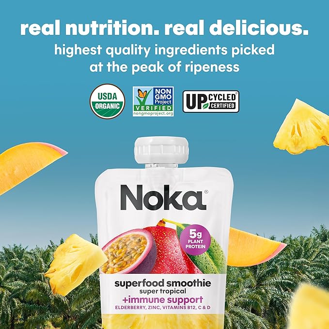Noka Superfood Fruit Smoothie Pouches, Super Tropical with Immune Support, Healthy Snacks with