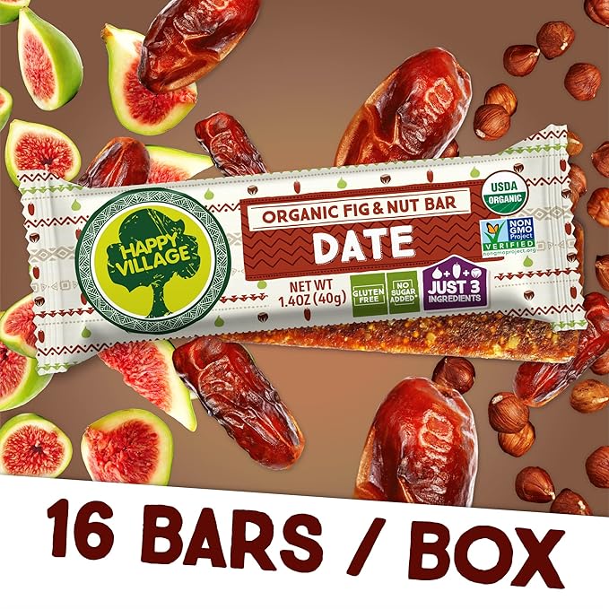 Happy Village Organic Fig & Nut Bars, DATE | Only 3 Ingredients, Gluten Free, No Added Sugar