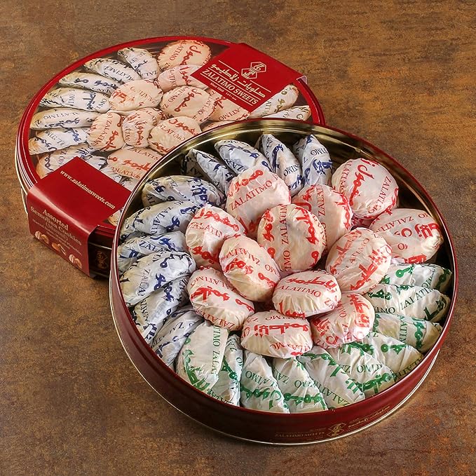 Zalatimo Sweets Since 1860, 100% All Natural Assorted Mamoul Shortbread Cookies, Round Gift Tin
