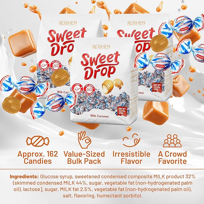 Roshen Caramel Candy Sweet Drop with Milky Filling, Delicious, Flavorful Sweets 378gr/13.33oz Pack