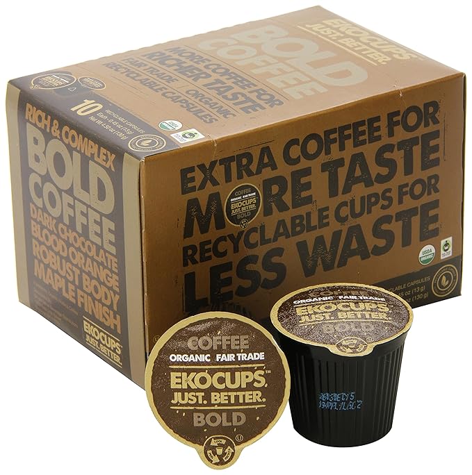 EKOCUPS Artisan Organic Bold Hot or Iced Coffee, Dark roast, in Recyclable Single Serve Cups for