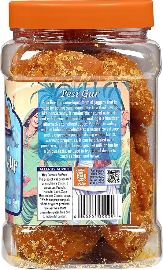 Rani Pesi Gur (Jaggery) Indian Unrefined Raw Cane Sugar 17.5oz (1.1lbs) 500g PET Jar ~ Gluten