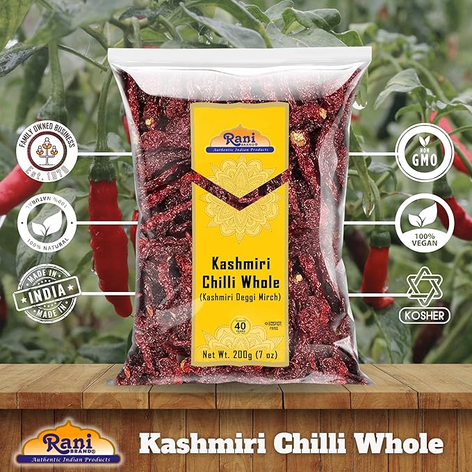 Rani Kashmiri Chilli Whole (Deggi Mirch, Low Heat) 7oz (200g) ~ Natural | Salt-Free | Vegan | No