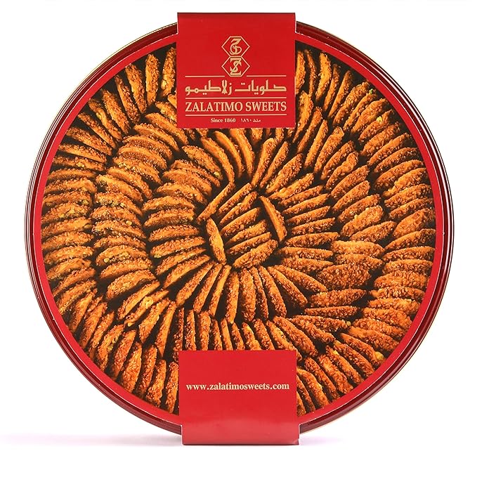 Zalatimo Sweets Since 1860, 100% All Natural Sesame Biscuits, Round Gift Tin, Slightly Sweet