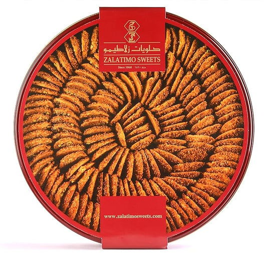 Zalatimo Sweets Since 1860, 100% All Natural Sesame Biscuits, Round Gift Tin, Slightly Sweet