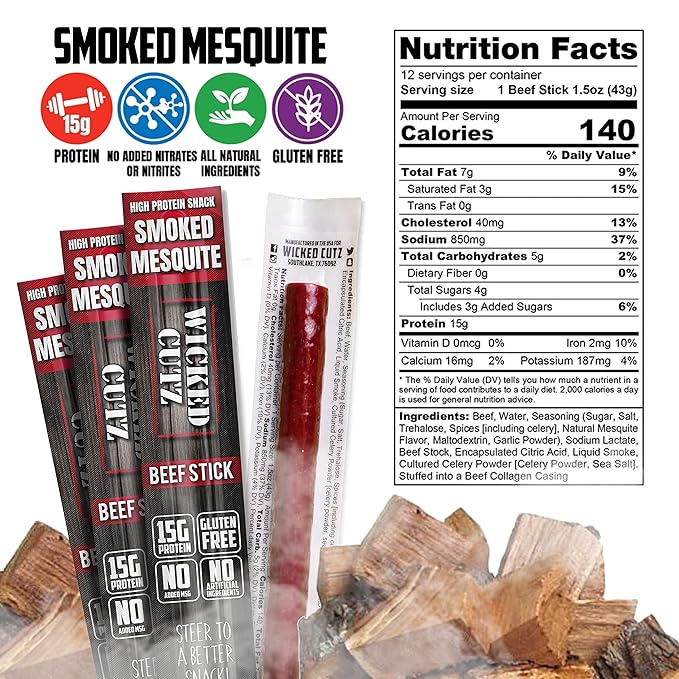 Wicked Cutz Beef Sticks Variety Pack, 4 Flavors & 15g Protein Per Meat Stick, Tender & Easy to Chew