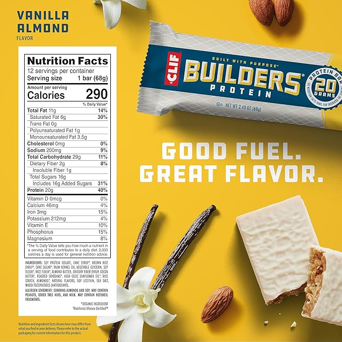 CLIF BUILDERS Protein Bars - Vanilla Almond Flavor - 20g Plant Based Protein - Gluten Free
