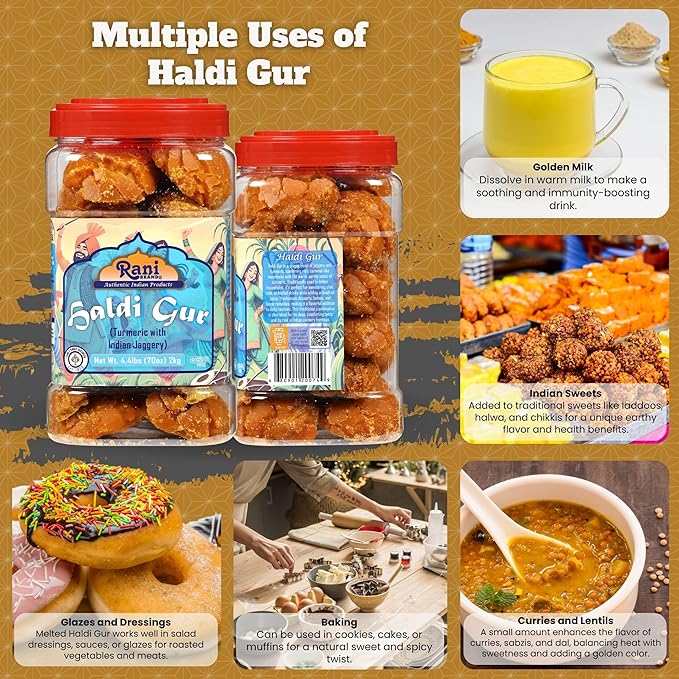 Rani Haldi Gur (Turmeric with Indian Jaggery) Indian Unrefined Raw Cane Sugar 70oz (4.4lbs) 2kg PET