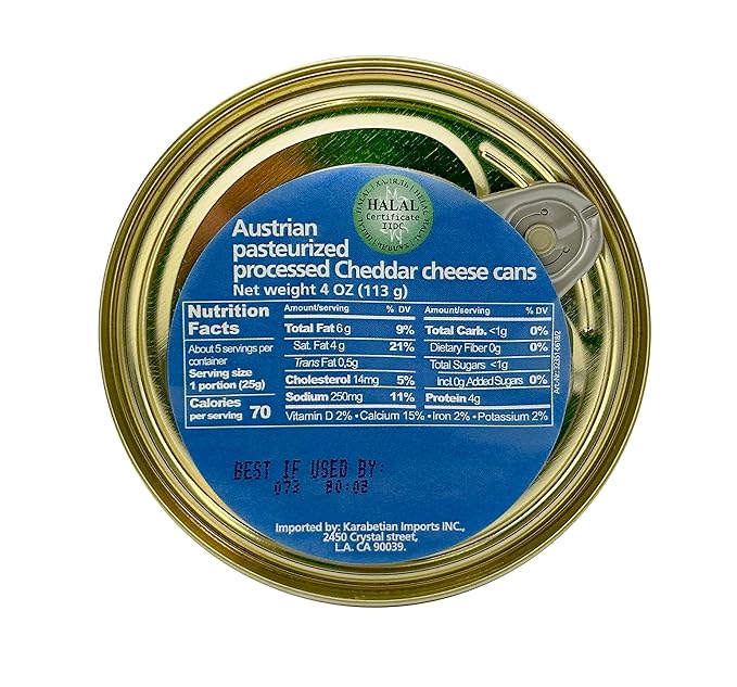 Happy Cow Halal Austrian Processed Cheese 4 OZ (113g) Easy Open Can, Rich Cheddar Flavor, Long
