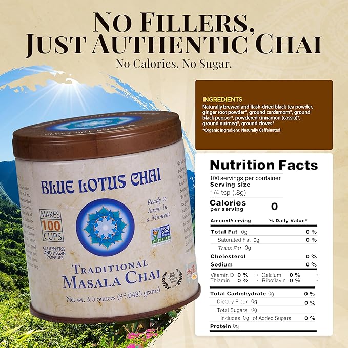 Blue Lotus Chai Tea - Traditional Masala Chai - Makes 100 Cups - 3 Ounce Masala Spiced Chai Powder