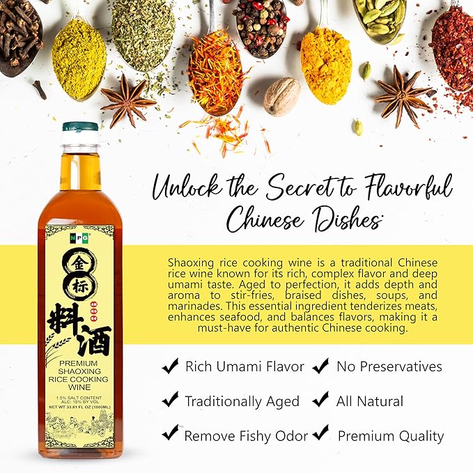 NPG Premium Shaoxing Cooking Wine, 33.81 Fl Oz (Pack of 2), Authentic Shao Hsing Rice Wine for