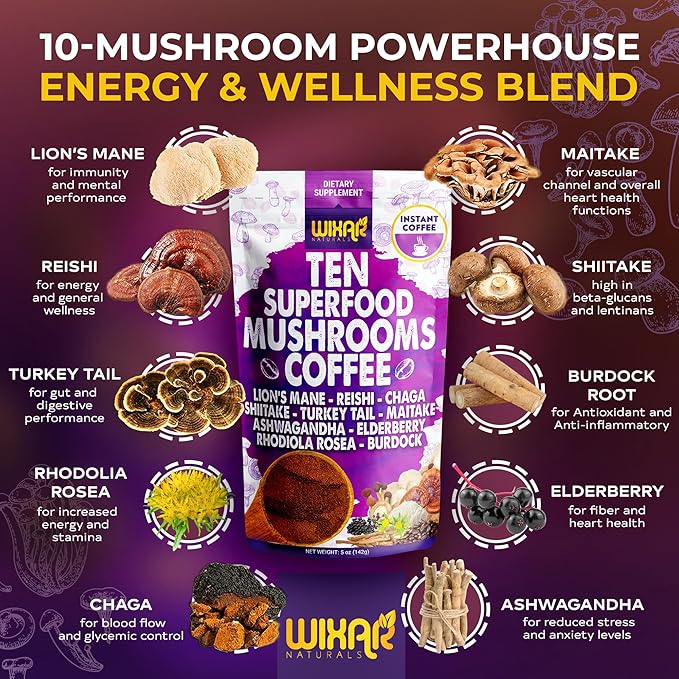 WIXAR Superfood Mushroom Coffee - Instant Coffee Powder, Ten Superfood Extracts with Lion's Mane