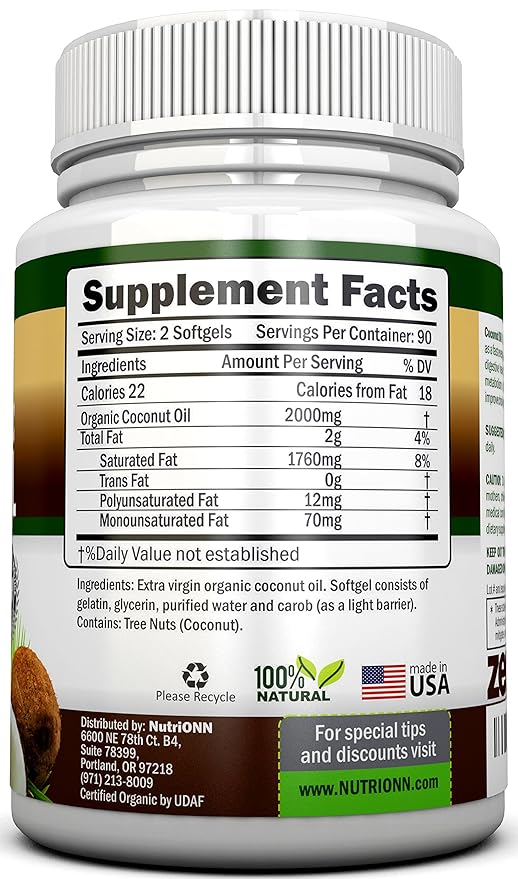ORGANIC COCONUT OIL Capsules - 180 Softgels - 4000 MG Daily - Cold-Pressed Extra Virgin Coconut Oil