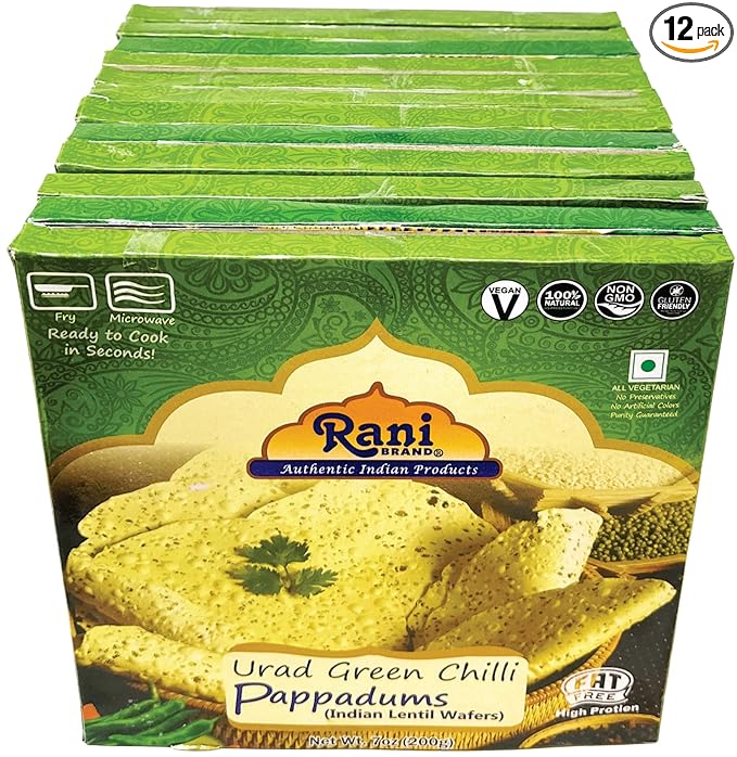 Rani Pappadums (Indian Lentil Wafer Snack) Green Chilli Papad 7oz (200g) Approximately 15pc, 7