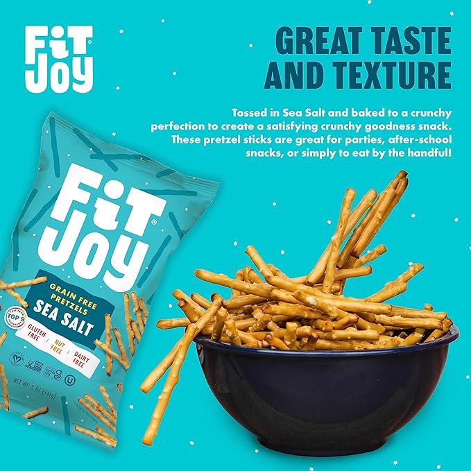 FitJoy Sea Salt Pretzels (Pack of 6, 5 Oz) - Dairy, Nut & Gluten Free Snacks - Grain Free Cassava