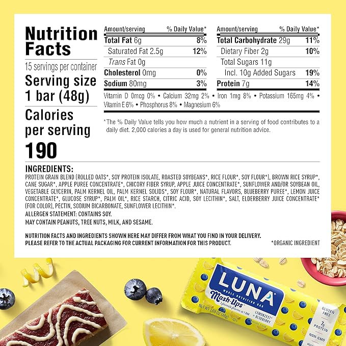 LUNA Bar - Mash-Ups LemonZest + Blueberry Flavor - Snack Bars - Non-GMO - Gluten-Free Protein Bars