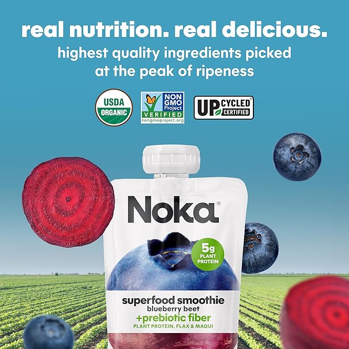 Noka Superfood Fruit Smoothie Pouches, Blueberry Beet, Healthy Snacks with Flax Seed, Plant Protein