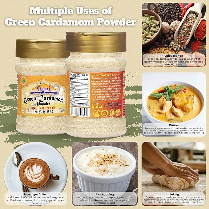 Rani Green Cardamom Pods Powder, Ground with Green Husks (Hari Elachi) 3oz (85g) PET Jar ~ All