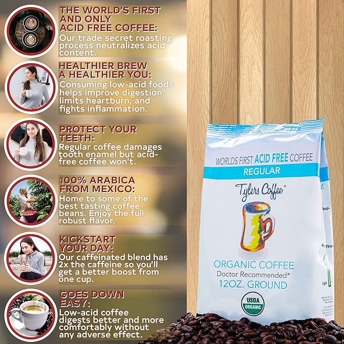 Tyler?™s Acid Free Organic Ground Coffee - 100% Arabica Full Flavor - Whole Bean and Caffeinated