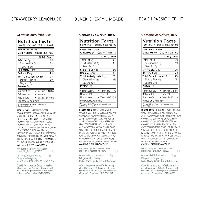Starbucks Refreshers, 3 Flavor Variety Pack (Peach,Cherry, Stw Lmd), 12 Ounce Sleek Cans (Pack of