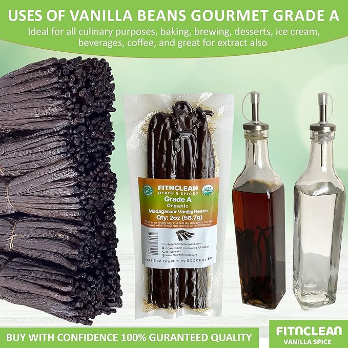 2oz Madagascar Organic Vanilla Beans Gourmet Grade A. Certified USDA Organic 6"-8" by FITNCLEAN