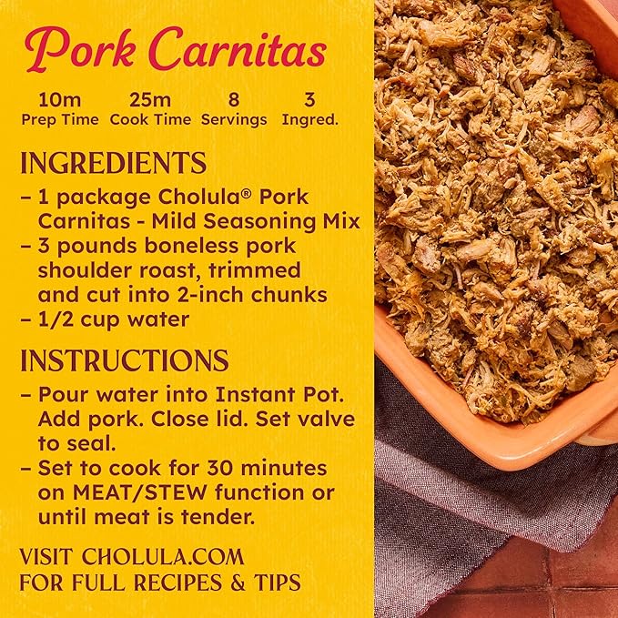 Cholula Seasoning Mix, Pork Carnitas, Mild Heat, For Tamales, Pulled Pork Tacos, Burrito Bowls